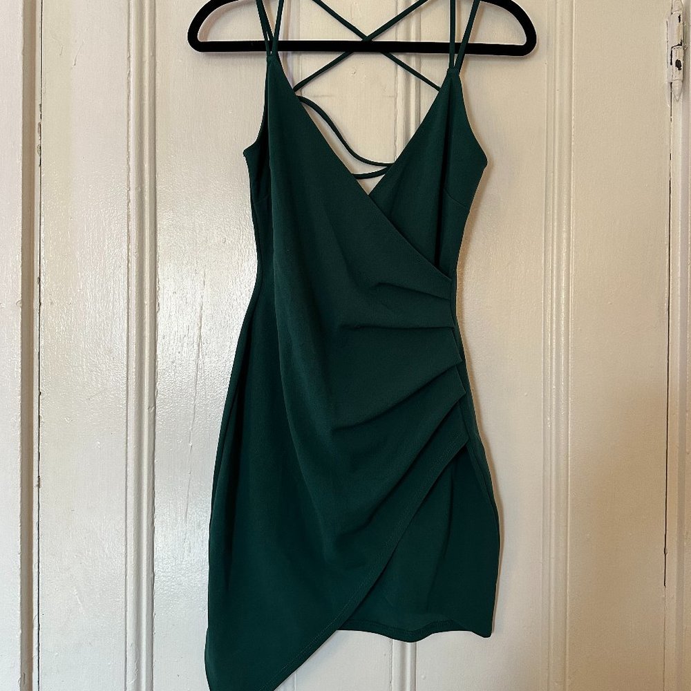 Ruched Bodycon Asymmetric & Strappy Low Back Mini Cocktail Dress Emerald Green